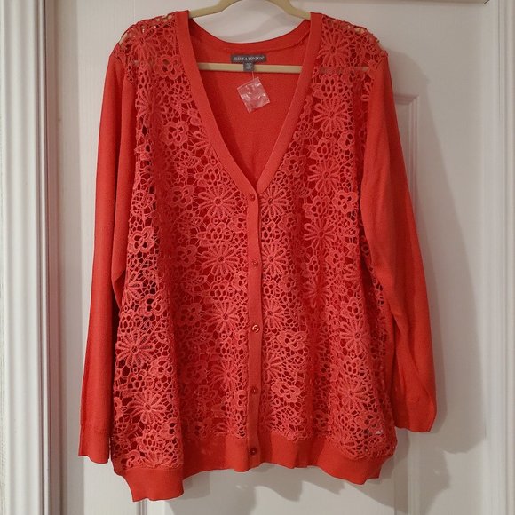 NWOT Crochet Open Front Cardigan 2X Jessica London Coral Button Front - Picture 1 of 9